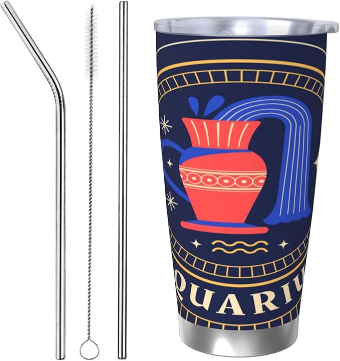 20oz Constellation Zodiac Sign Aquarius Art Stainless Steel Tumbler With Lid And Straw Coffee Cup Fits In Car Holders,Travel Mug For Ice Drink & Hot Beverage - Aquarius Mug for men