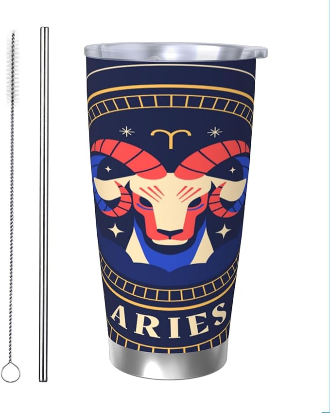 20oz Constellation Zodiac Sign Aries Art Stainless Steel Tumbler With Lid And Straw Coffee Cup Fits In Car Holders,Travel Mug For Ice Drink & Hot Beverage - Aries Mug for men