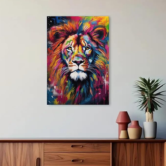 Colorful Lion Canvas Wall Art Framed, Majestic Multicolored Lion Canvas Artwork Animal Pictures Wall Decor Living Room Chilren Home Office Decoration Painting 12x16inch - Leo Canvas for men
