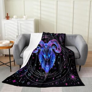 Aries Throw Blanket Lightweight Boho Exotic Sheep Animal Fleece Blanket Twelve Constellations Symbol Bed Blanket Neon Galaxy Flannel Blanket Bedroom Decor 40x50 - Aries Blanket for men