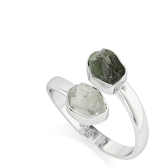 Natural Raw/Rough Herkimer & Moldavite 2 Stone Size Adjustable Stackable Twister Ring for Women in Sterling Silver, April Birthstone Jewelry Gifts for Her (Bezel-Set) - Aries Ring for men