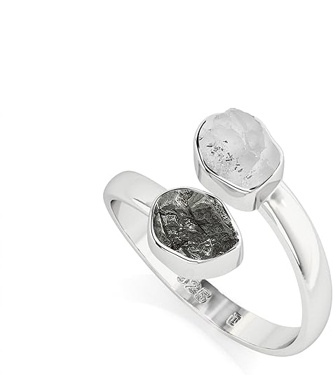 Natural Raw/Rough Herkimer & Meteorite 2 Stone Size Adjustable Stackable Twister Ring for Women in Sterling Silver, April & August Birthstone Jewelry Gifts for Her (Bezel-Set) - Aries Ring for men