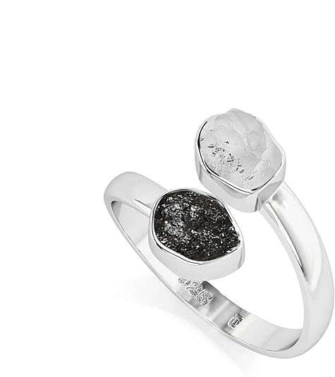 Natural Raw/Rough Black Tourmaline & Herkimer 2 Stone Size Adjustable Stackable Twister Ring for Women in Sterling Silver, April & October Birthstone Gifts for Her (Bezel-Set) - Aries Ring for men