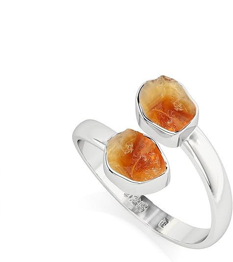 Natural Raw/Rough Citrine 2 Stone Size Adjustable Stackable Twister Ring for Women in Sterling Silver, November Birthstone Jewelry Gifts for Her (Bezel-Set) - Aries Ring for men