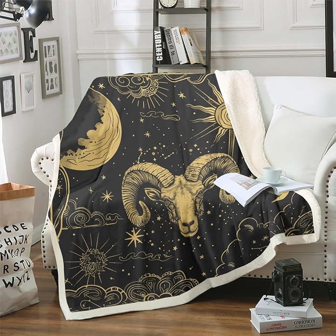 Aries Zodiac Throw Blanket Constellation Theme Blanket,Western Boho Exotic Style Fleece Blanket 12 Horoscope Astrology Fuzzy Blanket Bohemian Sun and Moon Starry Sky Galaxy Sherpa Blanket 40"x50" - Aries Blanket for men
