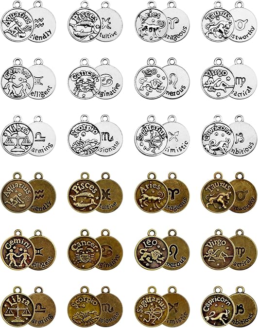 DIY Zodiac Charm Set, 48 Count 4 Sets Antique Tibetan Silver and Bronze Round Zodiac Sign Charms Constellation Pendants for Necklace Bracelet Jewelry Making and Crafting - Aries Bracelet for men
