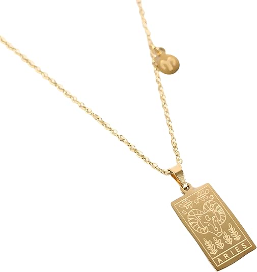 14K Yellow Gold Zodiac Necklaces For Women Vintage12 Constellations Necklaces Zodiac Sign Square Pendant Necklace, Saturn Necklace, Gemini Aries Pisces Virgo Scorpio Zebra Necklace - Aries Necklace for men