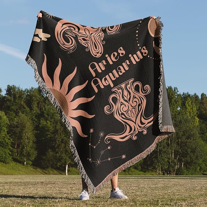 Throw Blanket, 100% Cotton Woven, Zodiac Compatibility Sign, Astrology Decor Woven Tapestry, Aquarius Aries Horoscope Match 2-Inch Fringe Detail, Vintage Aesthetic Multiple Sizes 60 x 80 - Aries Blanket for men
