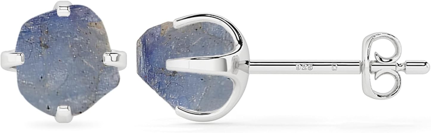 Natural Raw Gemstones Stud Earrings for Women in Sterling Silver, Birthstone Jewelry Gifts for Her Birthday, Anniversary, Graduation (Prong-Set, 6x5.5mm) - Aries Earrings for men