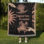 Throw Blanket, 100% Cotton Woven, Zodiac Compatibility Sign, Astrology Decor Woven Tapestry, Aquarius Gemini Horoscope Match 2-Inch Fringe Detail, Vintage Aesthetic Multiple Sizes 50 x 60 - Gemini Blanket for men
