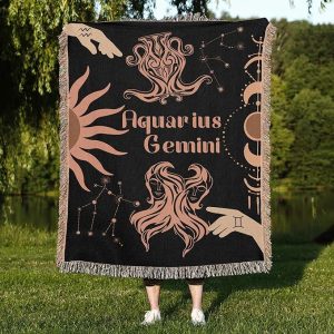 Throw Blanket, 100% Cotton Woven, Zodiac Compatibility Sign, Astrology Decor Woven Tapestry, Aquarius Gemini Horoscope Match 2-Inch Fringe Detail, Vintage Aesthetic Multiple Sizes 50 x 60 - Gemini Blanket for men
