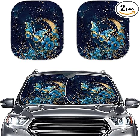 Flashideas Butterfly Moon 2 PCS Car Windshield Sun Shade Foldable Sunshade Universal Vehicle Accessories Auto Sun Heat and UV Rays Blocker Keep Your Vehicle Cool (28.5 x 25.5 inches) - Aries Car Ornament for men