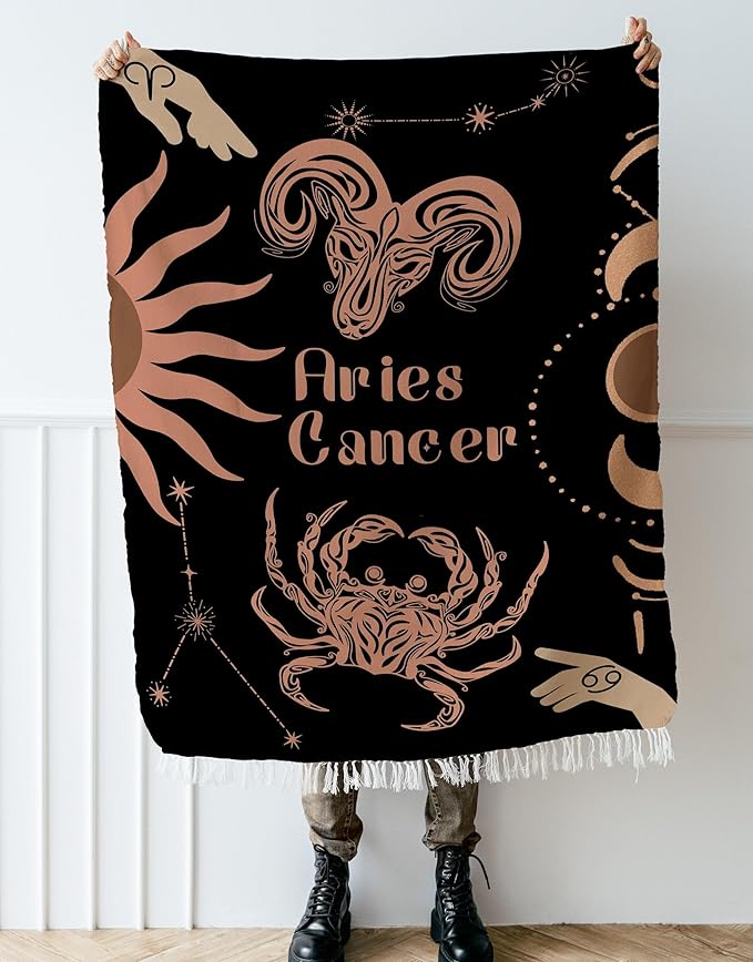 Throw Blanket, 100% Cotton Woven, Zodiac Compatibility Sign, Astrology Decor Woven Tapestry, Aries Cancer Horoscope Match 2-Inch Fringe Detail, Vintage Aesthetic Multiple Sizes 52 x 37 - Aries Blanket for men