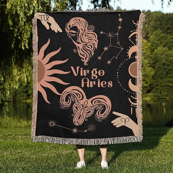 Throw Blanket, 100% Cotton Woven, Zodiac Compatibility Sign, Astrology Decor Woven Tapestry, Aries Virgo Horoscope Match 2-Inch Fringe Detail, Vintage Aesthetic Multiple Sizes 50 x 60 - Aries Blanket for men