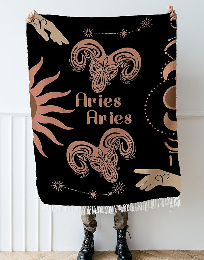 Throw Blanket, 100% Cotton Woven, Zodiac Compatibility Sign, Astrology Decor Woven Tapestry, Aries Aries Horoscope Match 2-Inch Fringe Detail, Vintage Aesthetic Multiple Sizes 52 x 37 - Aries Blanket for men