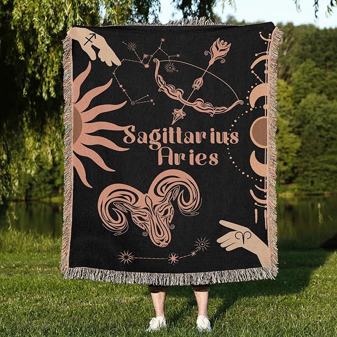 Throw Blanket, 100% Cotton Woven, Zodiac Compatibility Sign, Astrology Decor Woven Tapestry, Aries Sagittarius Horoscope Match 2-Inch Fringe Detail, Vintage Aesthetic Multiple Sizes 50 x 60 - Aries Blanket for men