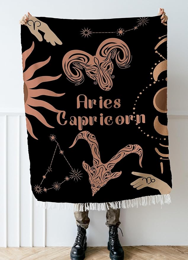 Throw Blanket, 100% Cotton Woven, Zodiac Compatibility Sign, Astrology Decor Woven Tapestry, Aries Capricorn Horoscope Match 2-Inch Fringe Detail, Vintage Aesthetic Multiple Sizes 52 x 37 - Aries Blanket for men