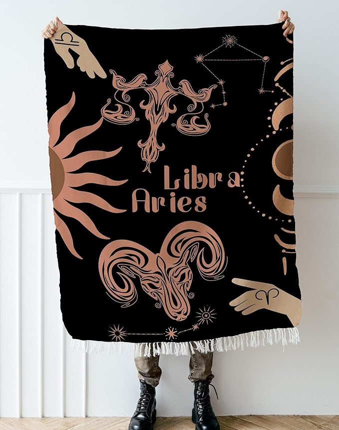 Throw Blanket, 100% Cotton Woven, Zodiac Compatibility Sign, Astrology Decor Woven Tapestry, Aries Libra Horoscope Match 2-Inch Fringe Detail, Vintage Aesthetic Multiple Sizes 52 x 37 - Aries Blanket for men