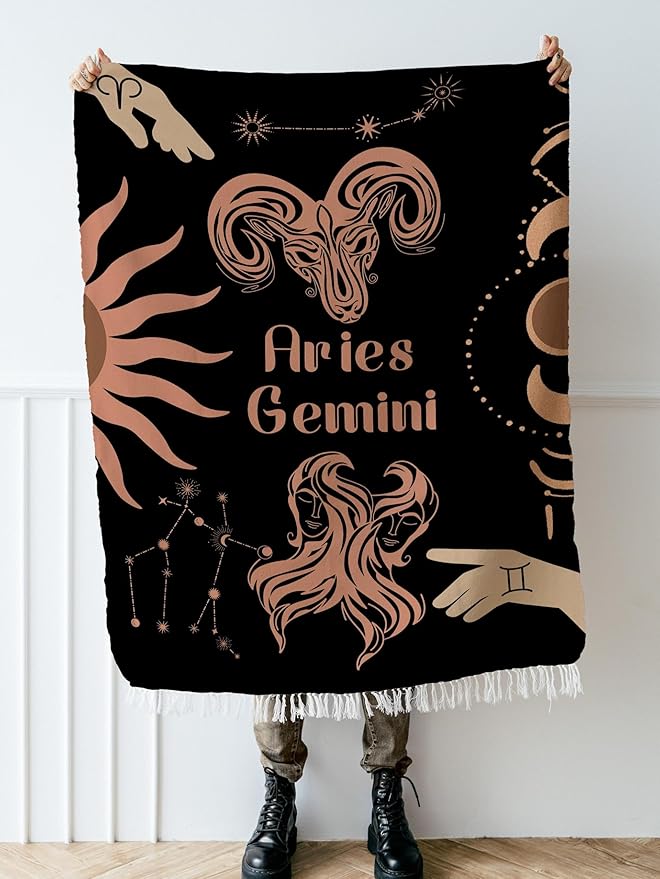 Throw Blanket, 100% Cotton Woven, Zodiac Compatibility Sign, Astrology Decor Woven Tapestry, Aries Gemini Horoscope Match 2-Inch Fringe Detail, Vintage Aesthetic Multiple Sizes 52 x 37 - Aries Blanket for men