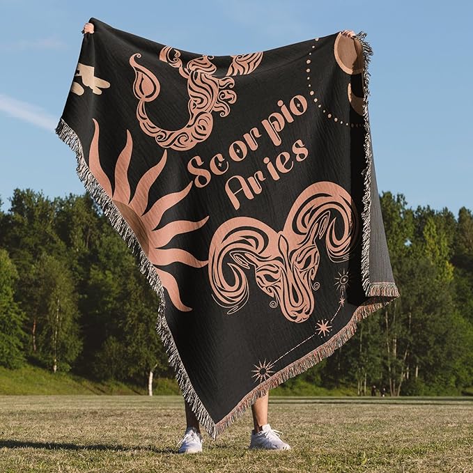 Throw Blanket, 100% Cotton Woven, Zodiac Compatibility Sign, Astrology Decor Woven Tapestry, Aries Scorpio Horoscope Match 2-Inch Fringe Detail, Vintage Aesthetic Multiple Sizes 60 x 80 - Aries Blanket for men