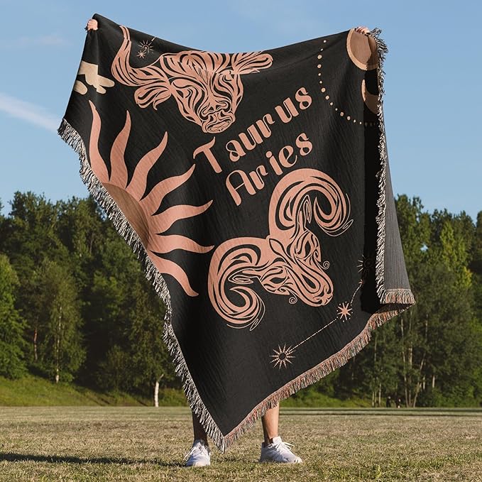 Throw Blanket, 100% Cotton Woven, Zodiac Compatibility Sign, Astrology Decor Woven Tapestry, Aries Taurus Horoscope Match 2-Inch Fringe Detail, Vintage Aesthetic Multiple Sizes 60 x 80 - Aries Blanket for men