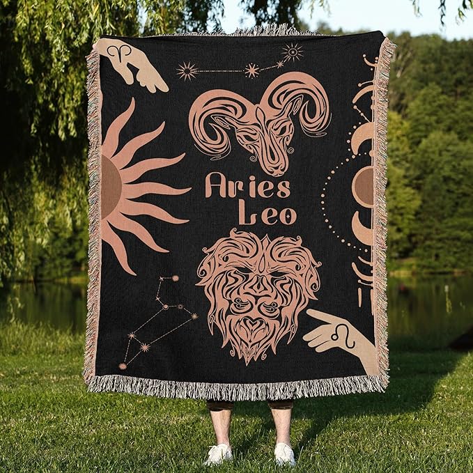 Throw Blanket, 100% Cotton Woven, Zodiac Compatibility Sign, Astrology Decor Woven Tapestry, Aries Leo Horoscope Match 2-Inch Fringe Detail, Vintage Aesthetic Multiple Sizes 50 x 60 - Aries Blanket for men