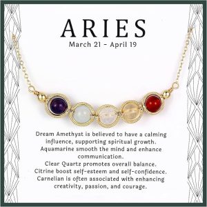 Zodiac Necklaces for Women, Natural Healing Crystal Zodiac Necklace Gifts Handmade Gemstone Beads Choker Necklace for Women Spiritual Astrology Jewelry Birthday Gifts - Aries Earrings for men