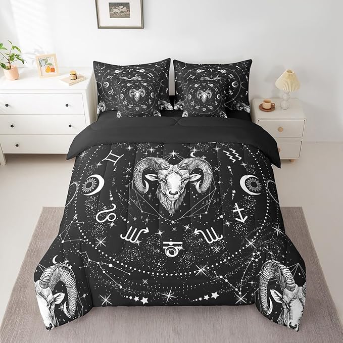 Erosebridal Sun and Moon Bed Sets King with Comforter and Sheets - Zodiac Aries 7 Pieces Bed in A Bag for Kids Teens Adult, Galaxy Constellation Comforter and Bedding Starry Sky Sheet Set Pillowcase - Aries Blanket for men