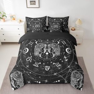 Sun Moon Comforter Set Queen, 7 Pieces Constellation Gemini Bed In A Bag Zodiac Signs Astrology Bedding Starry Sky Bedding (1 Comforter,2 Pillowcase,2 Throw Pillow Covers,1 Flat Sheet,1 Fitted Sheet) - Gemini Blanket for men