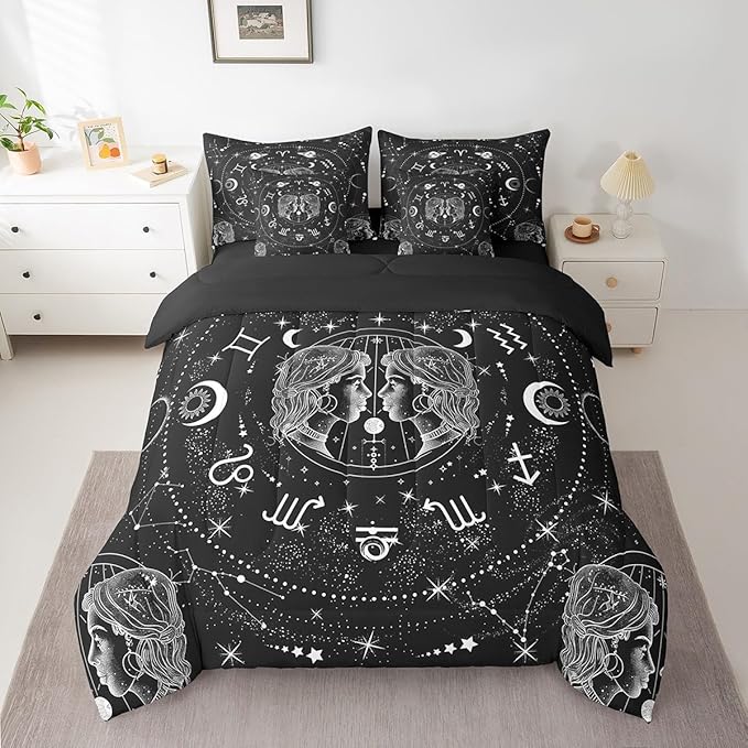 Sun Moon Comforter Set Queen, 7 Pieces Constellation Gemini Bed In A Bag Zodiac Signs Astrology Bedding Starry Sky Bedding (1 Comforter,2 Pillowcase,2 Throw Pillow Covers,1 Flat Sheet,1 Fitted Sheet) - Gemini Blanket for men