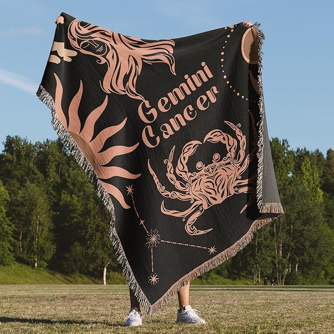 Throw Blanket, 100% Cotton Woven, Zodiac Compatibility Sign, Astrology Decor Woven Tapestry, Cancer & Gemini Horoscope Match 2-Inch Fringe Detail, Vintage Aesthetic Multiple Sizes 60 x 80 - Aries Blanket for men