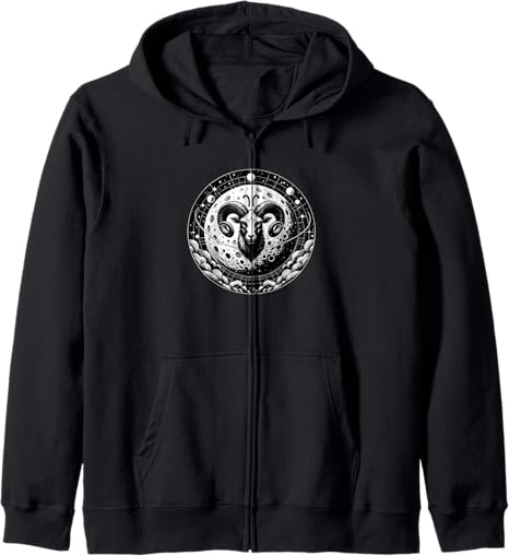 Aries Moon Astrology Sign With Ram And Lunar Landscape Zip Hoodie - Aries Hoodie for men