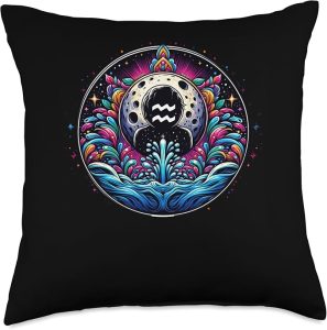 Aquarius Zodiac Art With Colorful Waves And Celestial Throw Pillow - Aquarius Pillow for men