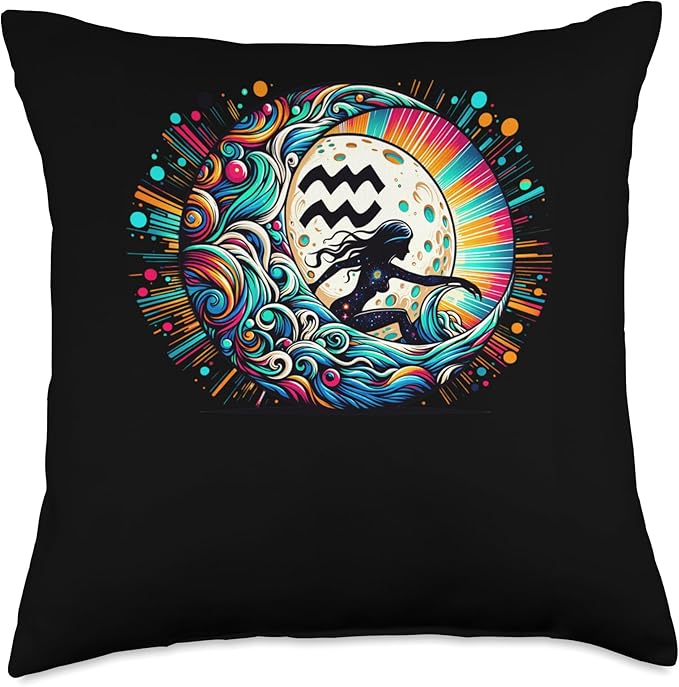 Aquarius Surfer Silhouette With Celestial Background Throw Pillow - Aquarius Pillow for men