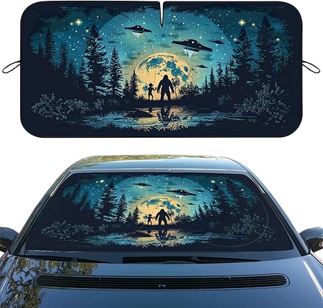 Bigfoot Alien Car Windshield Sunshade - Folding Moon UFO Trees Heatshield Front Window Sun Shade Visor Protector for Sedan Truck SUV - 59" L x 31.5" W - Aries Car Ornament for men