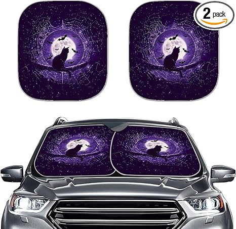 Purple Moon Cat Printed Auto Front Window Sunshade Foldable Sun Shade for Cars Trucks Suvs - 2 Pieces Halloween Car Interior Decor - Aries Car Ornament for men