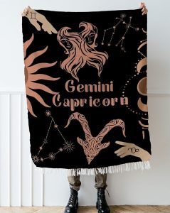 Throw Blanket, 100% Cotton Woven, Zodiac Compatibility Sign, Astrology Decor Woven Tapestry, Capricorn & Gemini Horoscope Match 2-Inch Fringe Detail, Vintage Aesthetic Multiple Sizes 52 x 37 - Gemini Blanket for men