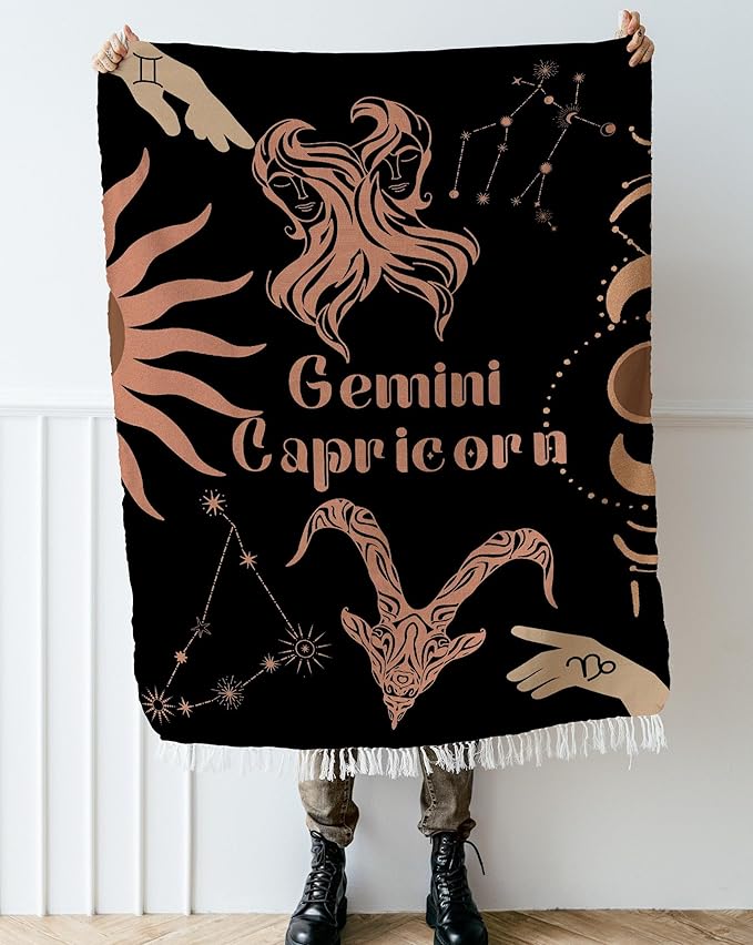 Throw Blanket, 100% Cotton Woven, Zodiac Compatibility Sign, Astrology Decor Woven Tapestry, Capricorn & Gemini Horoscope Match 2-Inch Fringe Detail, Vintage Aesthetic Multiple Sizes 52 x 37 - Gemini Blanket for men