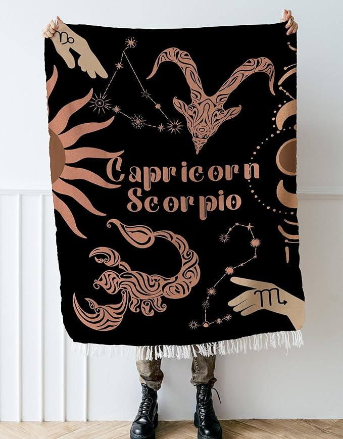 Throw Blanket, 100% Cotton Woven, Zodiac Compatibility Sign, Astrology Decor Woven Tapestry, Capricorn & Scorpio Horoscope Match 2-Inch Fringe Detail, Vintage Aesthetic Multiple Sizes 52 x 37 - Aries Blanket for men