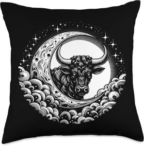 Bulls Head In Crescent Moon Astrology Taurus Sign Art Throw Pillow - Taurus Pillow for men