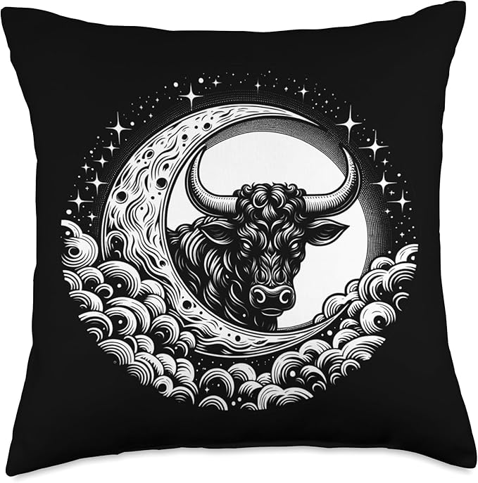 Bulls Head In Crescent Moon Astrology Taurus Sign Art Throw Pillow - Taurus Pillow for men