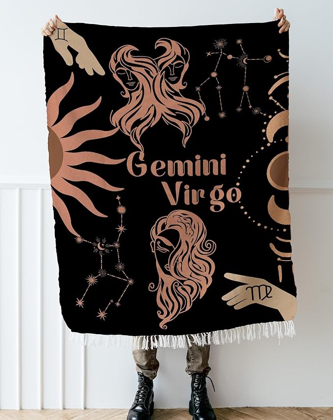 Throw Blanket, 100% Cotton Woven, Zodiac Compatibility Sign, Astrology Decor Woven Tapestry, Virgo & Gemini Horoscope Match 2-Inch Fringe Detail, Vintage Aesthetic Multiple Sizes 52 x 37 - Gemini Blanket for men