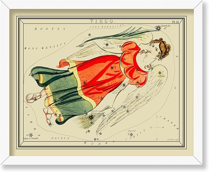 Poster Master Astrology Posters, Virgo Zodiac Constellation Poster - Great Vintage Zodiac Poster, Astrology and Aptitude Vintage Home Wall Decor for Astrology Enthusiasts, 8x10 White Framed - Virgo Poster for men