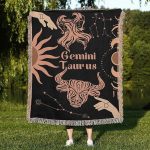 Throw Blanket, 100% Cotton Woven, Zodiac Compatibility Sign, Astrology Decor Woven Tapestry, Taurus & Gemini Horoscope Match 2-Inch Fringe Detail, Vintage Aesthetic Multiple Sizes 50 x 60 - Gemini Blanket for men