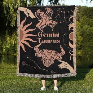 Throw Blanket, 100% Cotton Woven, Zodiac Compatibility Sign, Astrology Decor Woven Tapestry, Taurus & Gemini Horoscope Match 2-Inch Fringe Detail, Vintage Aesthetic Multiple Sizes 50 x 60 - Gemini Blanket for men