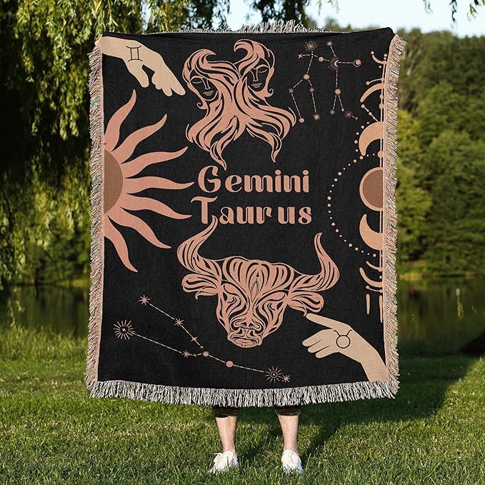 Throw Blanket, 100% Cotton Woven, Zodiac Compatibility Sign, Astrology Decor Woven Tapestry, Taurus & Gemini Horoscope Match 2-Inch Fringe Detail, Vintage Aesthetic Multiple Sizes 50 x 60 - Gemini Blanket for men
