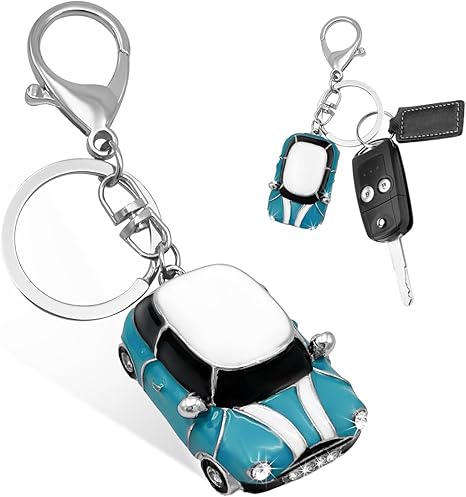 povtii Car Key Chain, Rhinestone Detail 3D Cute Car Model Keychain, Mini Cooper Metal Key Chain with Ring, Car Accessories (White&Blue) - Aries Keychain for men