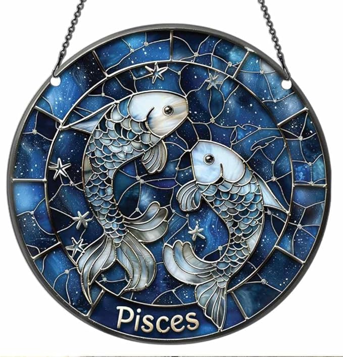 Pisces Ornaments Decor for Window Hanging, Pisces Gifts for Women Men, Zodiac Sign Home Wall Room Hanging Christmas Decorations, Flat 2D Acrylic Ornament - Pisces Car Accessories for men