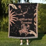 Throw Blanket, 100% Cotton Woven, Zodiac Compatibility Sign, Astrology Decor Woven Tapestry, Sagittarius & Gemini Horoscope Match 2-Inch Fringe Detail, Vintage Aesthetic Multiple Sizes 50 x 60 - Gemini Blanket for men