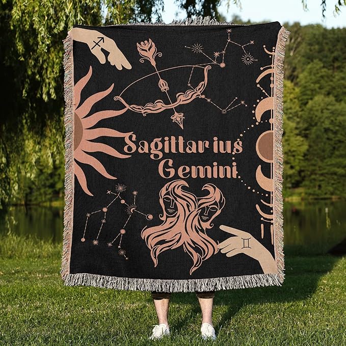 Throw Blanket, 100% Cotton Woven, Zodiac Compatibility Sign, Astrology Decor Woven Tapestry, Sagittarius & Gemini Horoscope Match 2-Inch Fringe Detail, Vintage Aesthetic Multiple Sizes 50 x 60 - Gemini Blanket for men